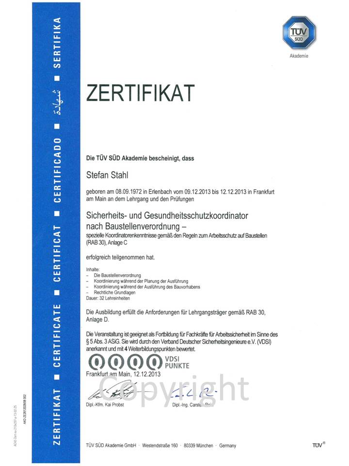 Zertifikat TÜV Stefan Stahl